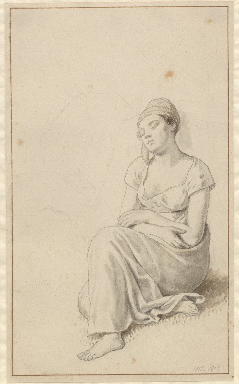 En kvinne lener seg mot en steinblokk og sover. av Christoffer Wilhelm Eckersberg
