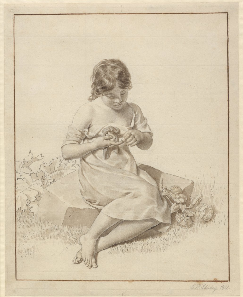En liten jente som har stukket fingeren på en rosetorn av Christoffer Wilhelm Eckersberg