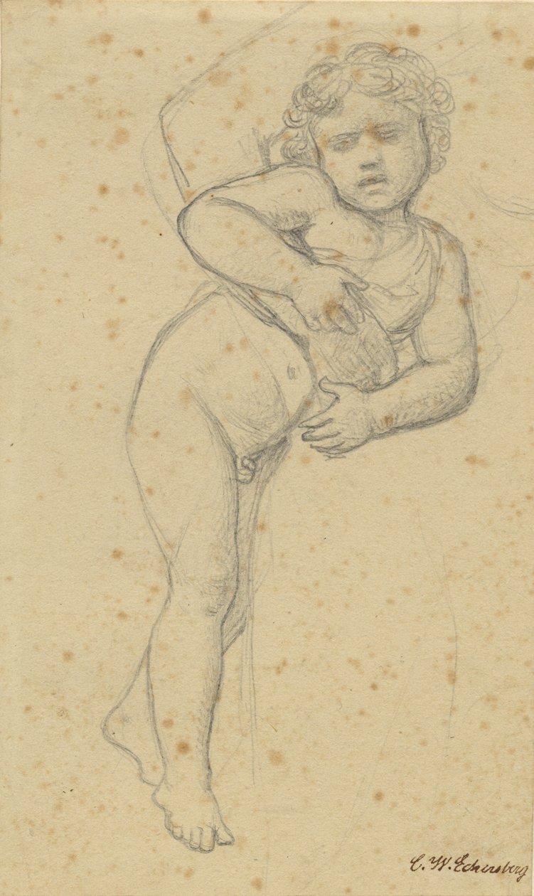 En naken gutt lener seg mot morens kne. av Christoffer Wilhelm Eckersberg