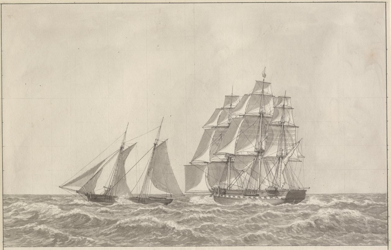 En skonnert som unnslipper en forfølgende fregatt av Christoffer Wilhelm Eckersberg