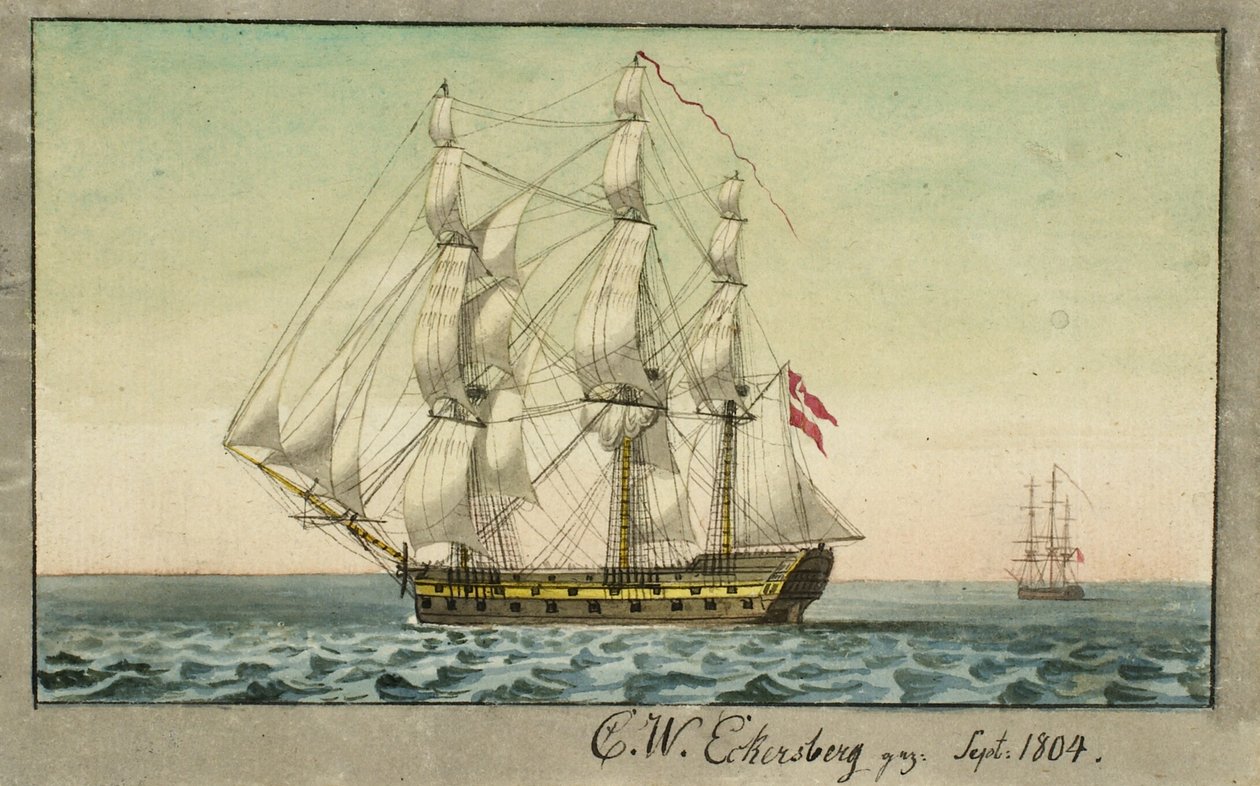 Et dansk krigsskip under seil, sett fra lesiden av Christoffer Wilhelm Eckersberg