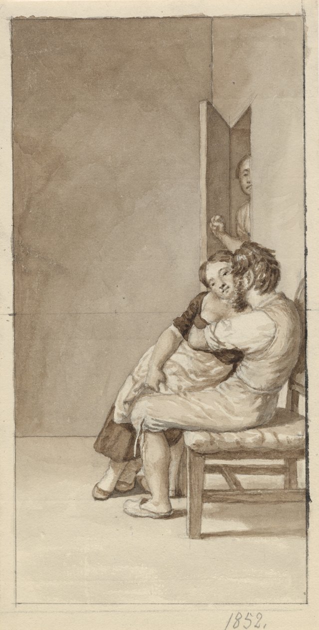 Et par blir overvåket av en kvinne i en halvåpen dør av Christoffer Wilhelm Eckersberg