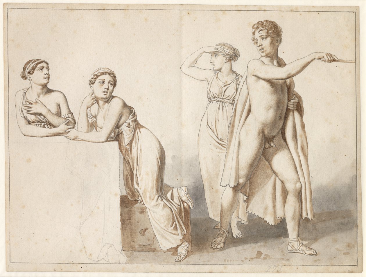 Fire studiefigurer, tre kvinnelige og en mann i antikke kostymer. av Christoffer Wilhelm Eckersberg