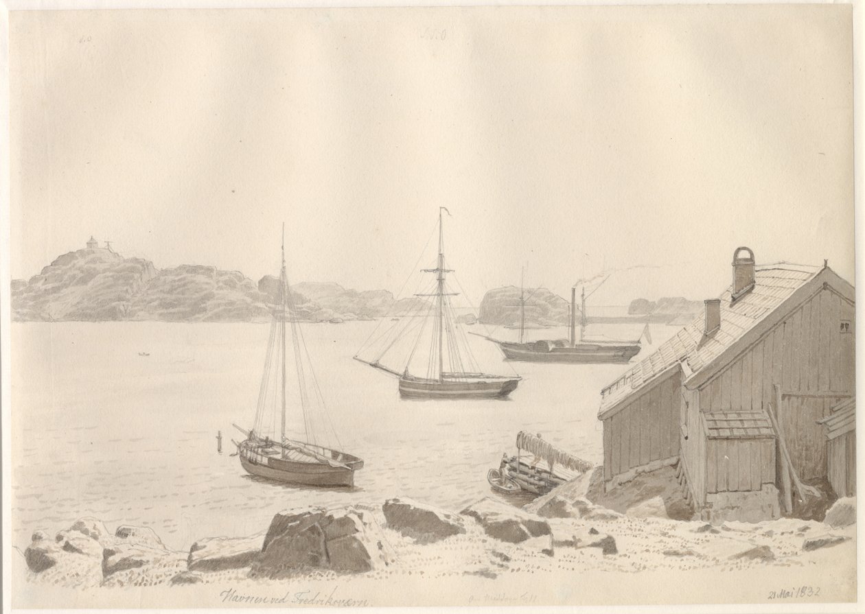 Frederiksværn havn ved Larviksfjorden, Norge. av Christoffer Wilhelm Eckersberg