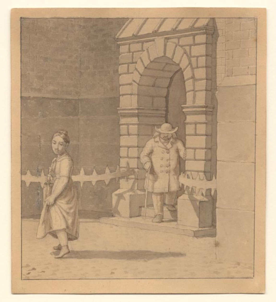 Gatebilde med en ung jente som løfter kjolen litt; i bakgrunnen en eldre mann med stokk av Christoffer Wilhelm Eckersberg
