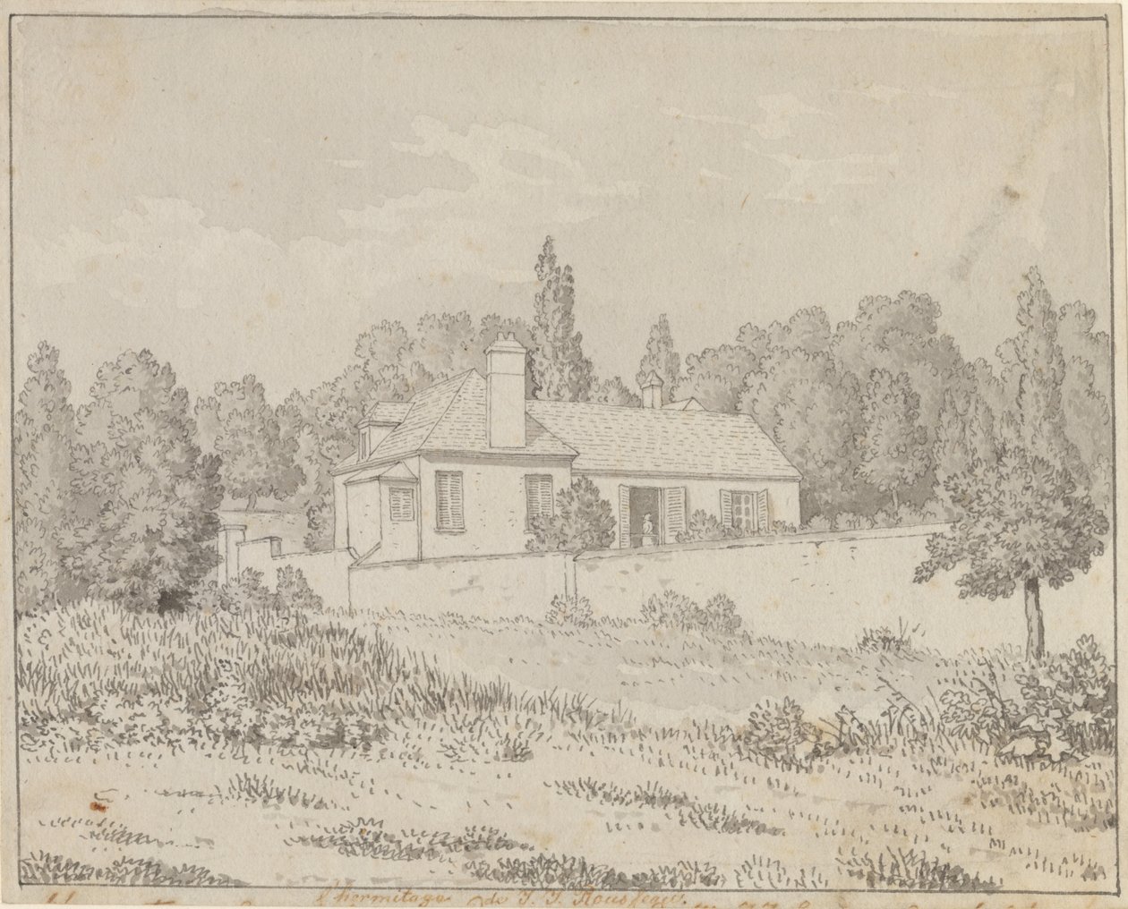 Jean Jacques Rousseaus hus i palasshagen i Ermenonville av Christoffer Wilhelm Eckersberg