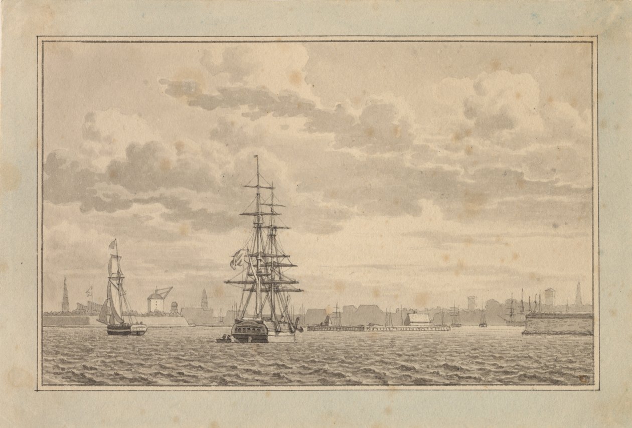 København sett fra Yderhavnen med en brigg for anker og en seilsluppe. av Christoffer Wilhelm Eckersberg