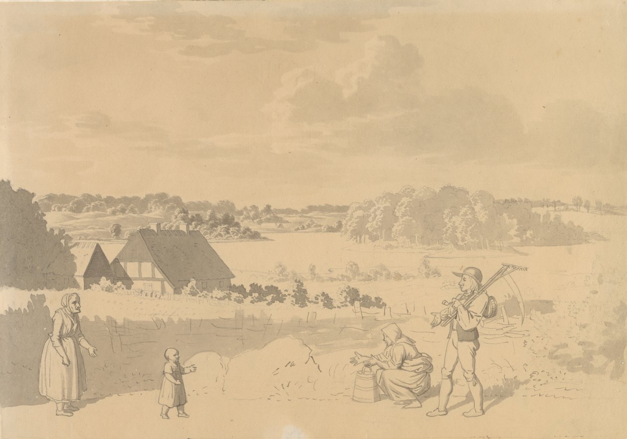 Landskap med en innsjø, omgitt av skog og jorder, i forgrunnen leker bønder med et lite barn av Christoffer Wilhelm Eckersberg