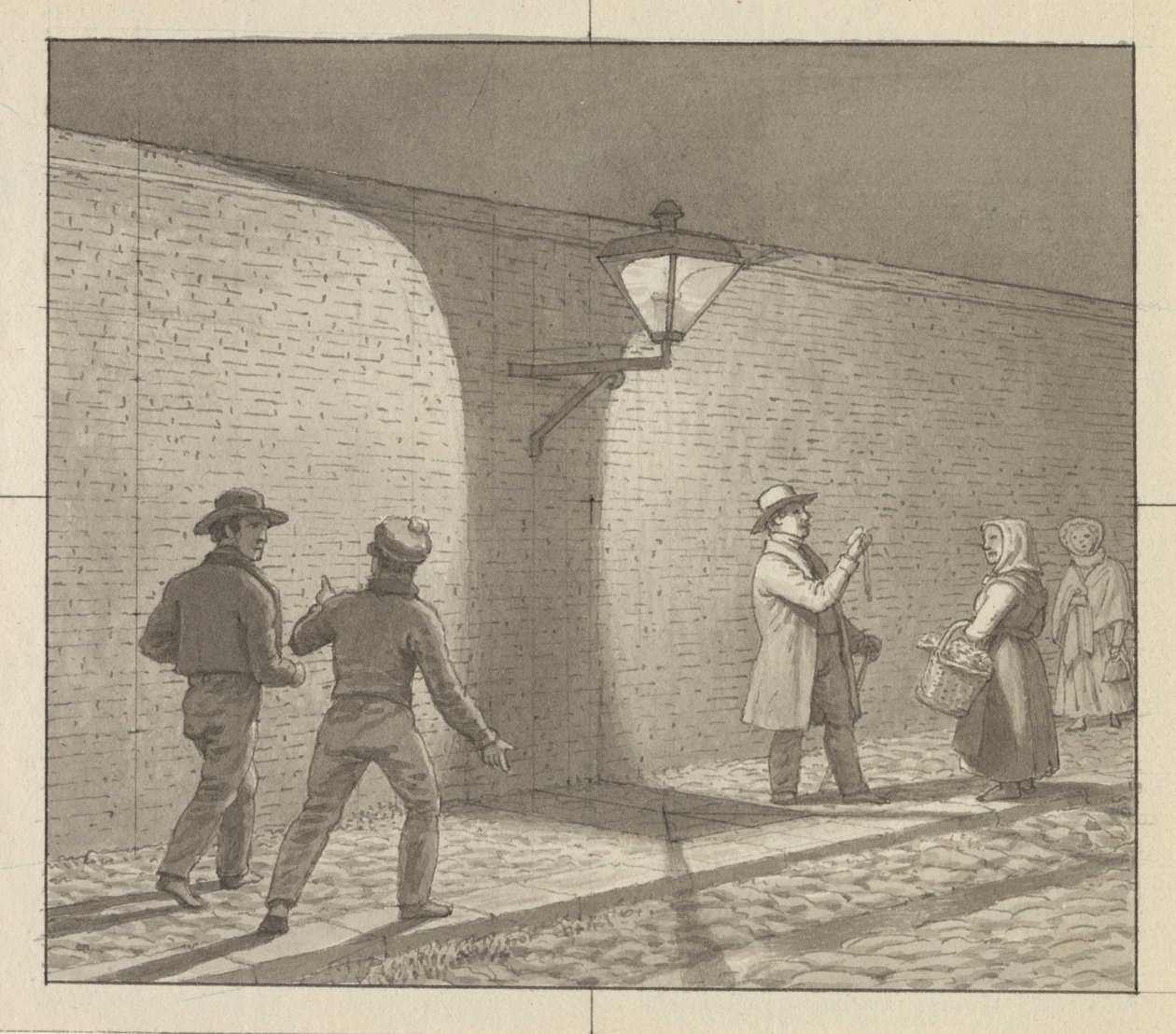 Lineært perspektiv brukt på malerkunsten, Plate VIII, fig. 1 - Natttrafikk under gatelykten. av Christoffer Wilhelm Eckersberg