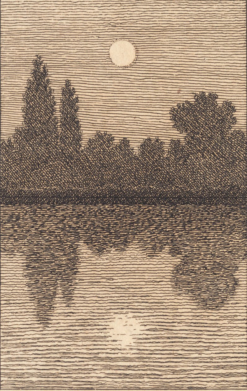 Måneskinn over en innsjø. Illustrasjon for "Lineært perspektiv", Plate IV av Christoffer Wilhelm Eckersberg