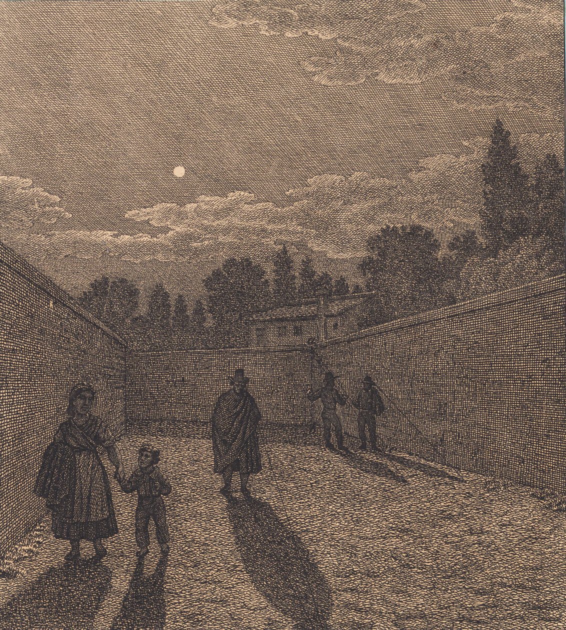 Måneskinn over en vei. Illustrasjon for "Lineært perspektiv", Plate IV av Christoffer Wilhelm Eckersberg