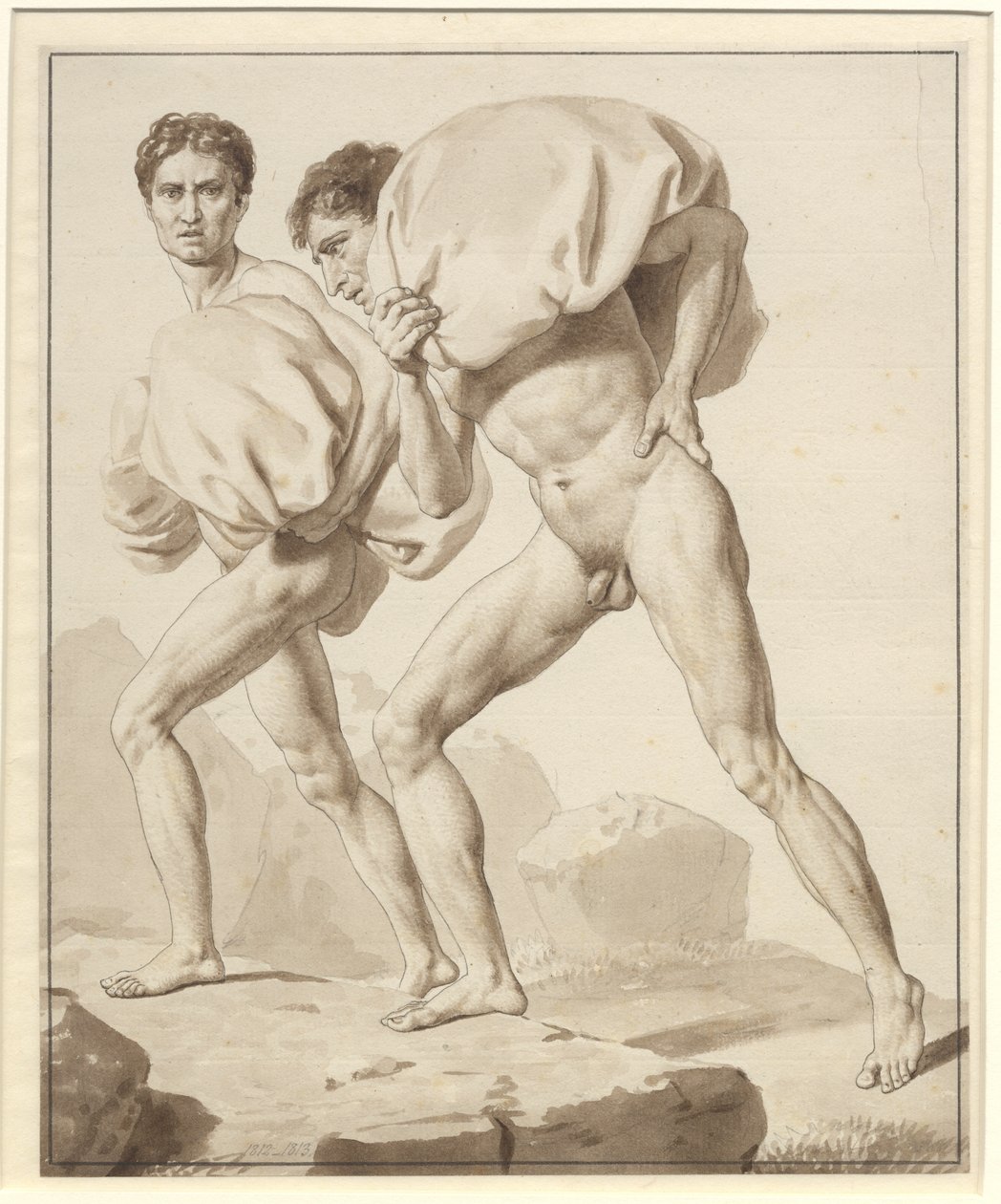 Moses deler vannet og Faraos hær er oppslukt - Studie for to israelitter på vandring, lastet med bagasje av Christoffer Wilhelm Eckersberg