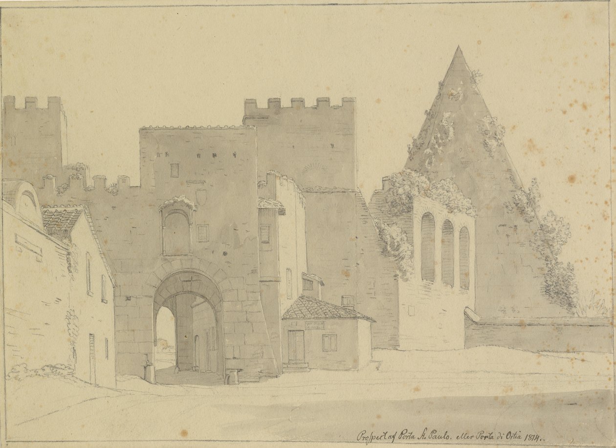 Prospekt av Porta S.Paolo og Piramide di Caio Cestio sett fra bysiden, Roma. av Christoffer Wilhelm Eckersberg