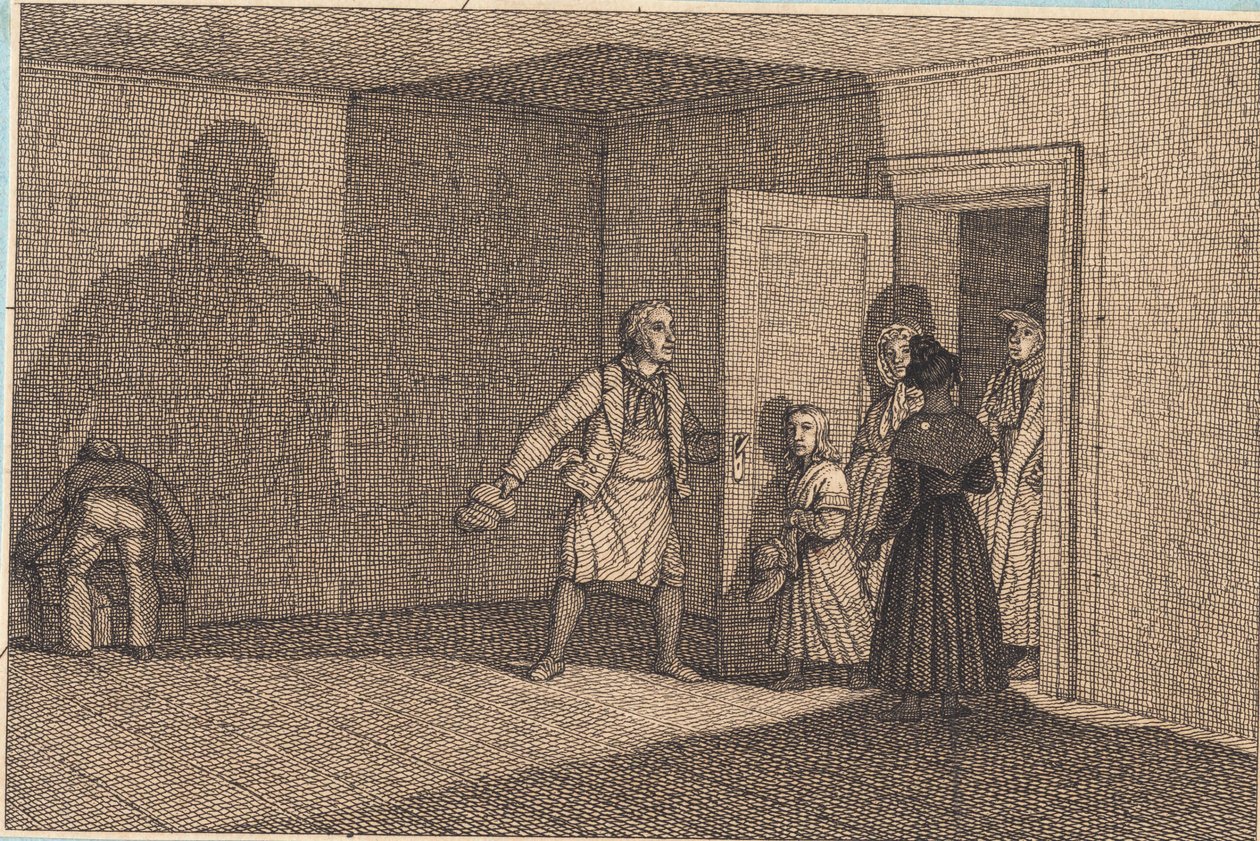 Reisende får vist rommet sitt. Illustrasjon for "Lineært perspektiv", Plate VIII av Christoffer Wilhelm Eckersberg