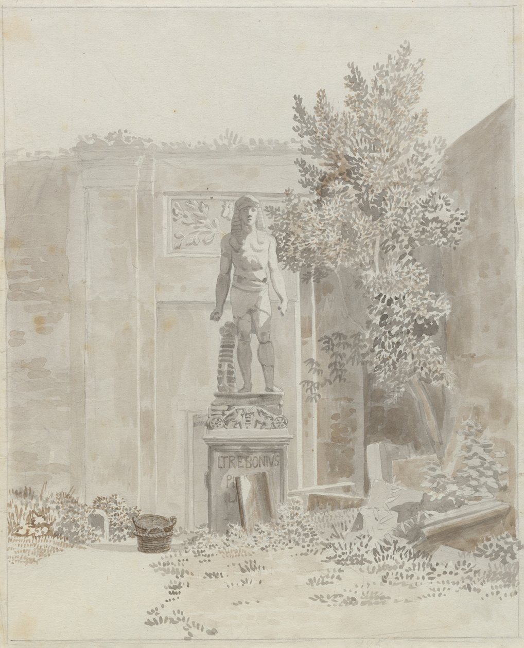 Gammel romersk statue i egyptisk stil, antagelig i hagen til Palazzo Barberini av Christoffer Wilhelm Eckersberg