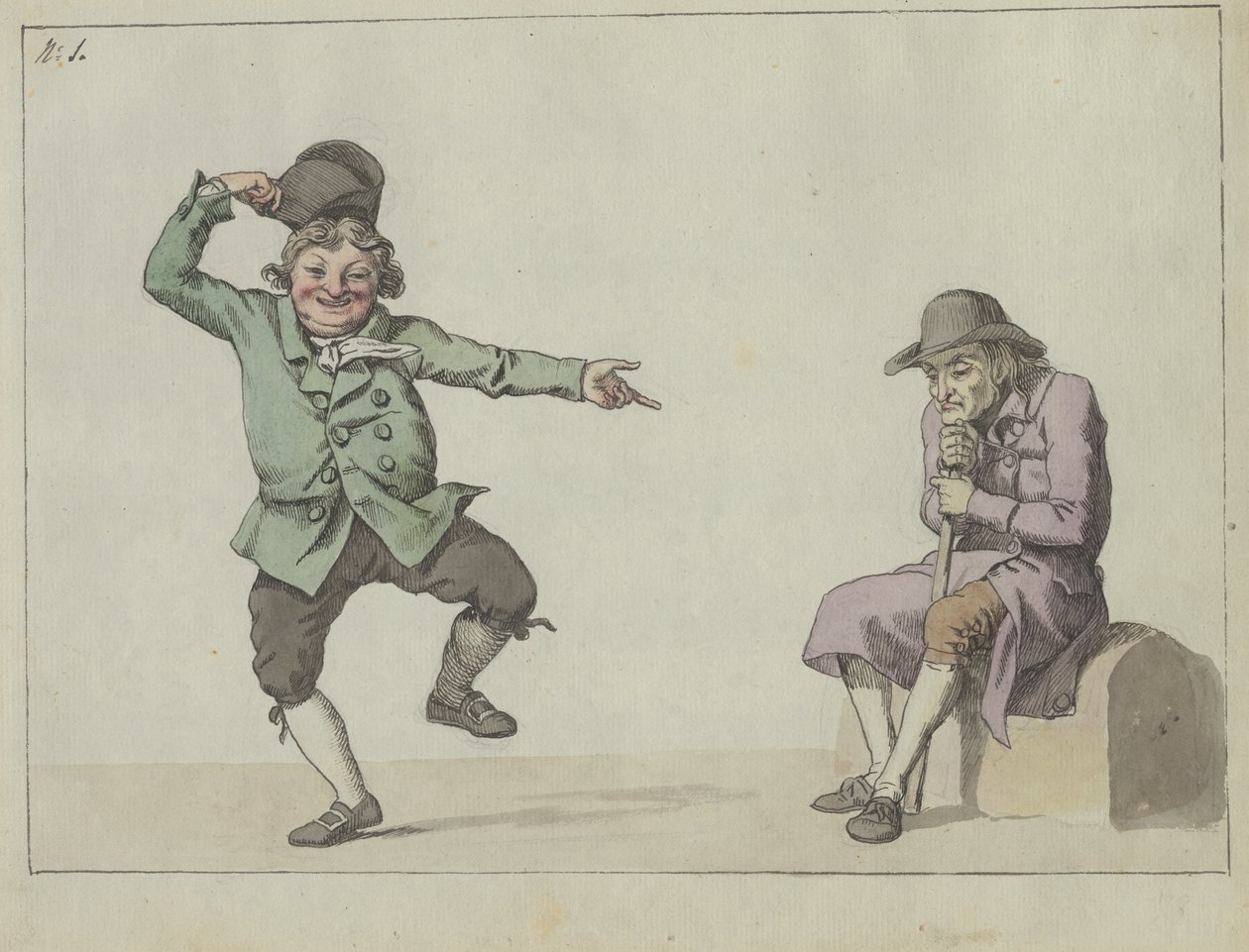 Satirisk magasin; en mann hopper og ler mens han peker på en sittende gammel mann av Christoffer Wilhelm Eckersberg