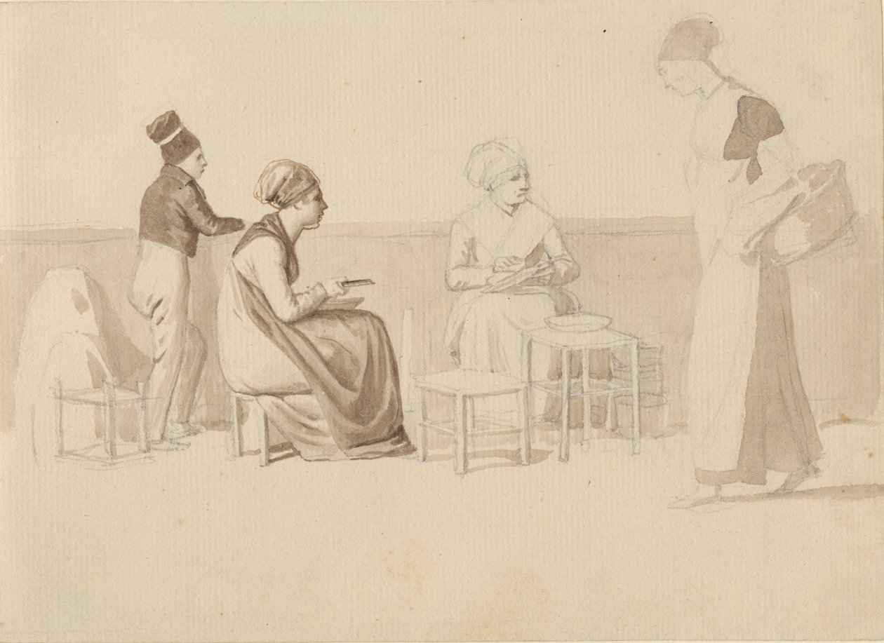 Scene fra en gård eller brygge i Paris. Fire sittende, stående og gående figurer. av Christoffer Wilhelm Eckersberg