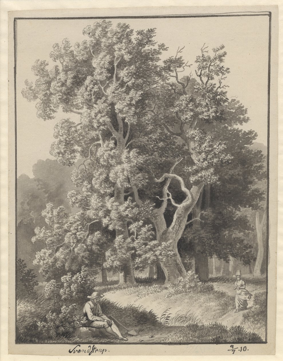 Skogmark ved Svendstrup med et par figurer, foran en sittende mann med spade av Christoffer Wilhelm Eckersberg