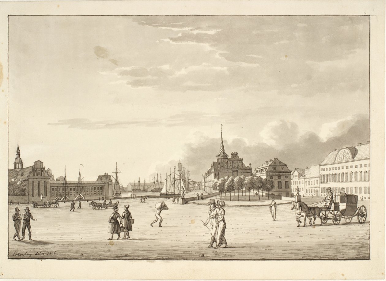 Slottsplassen i København med Holmens kirke, Børsen, den nå forsvunne bank- og kansellibygningen ("Den røde bygning") av Christoffer Wilhelm Eckersberg