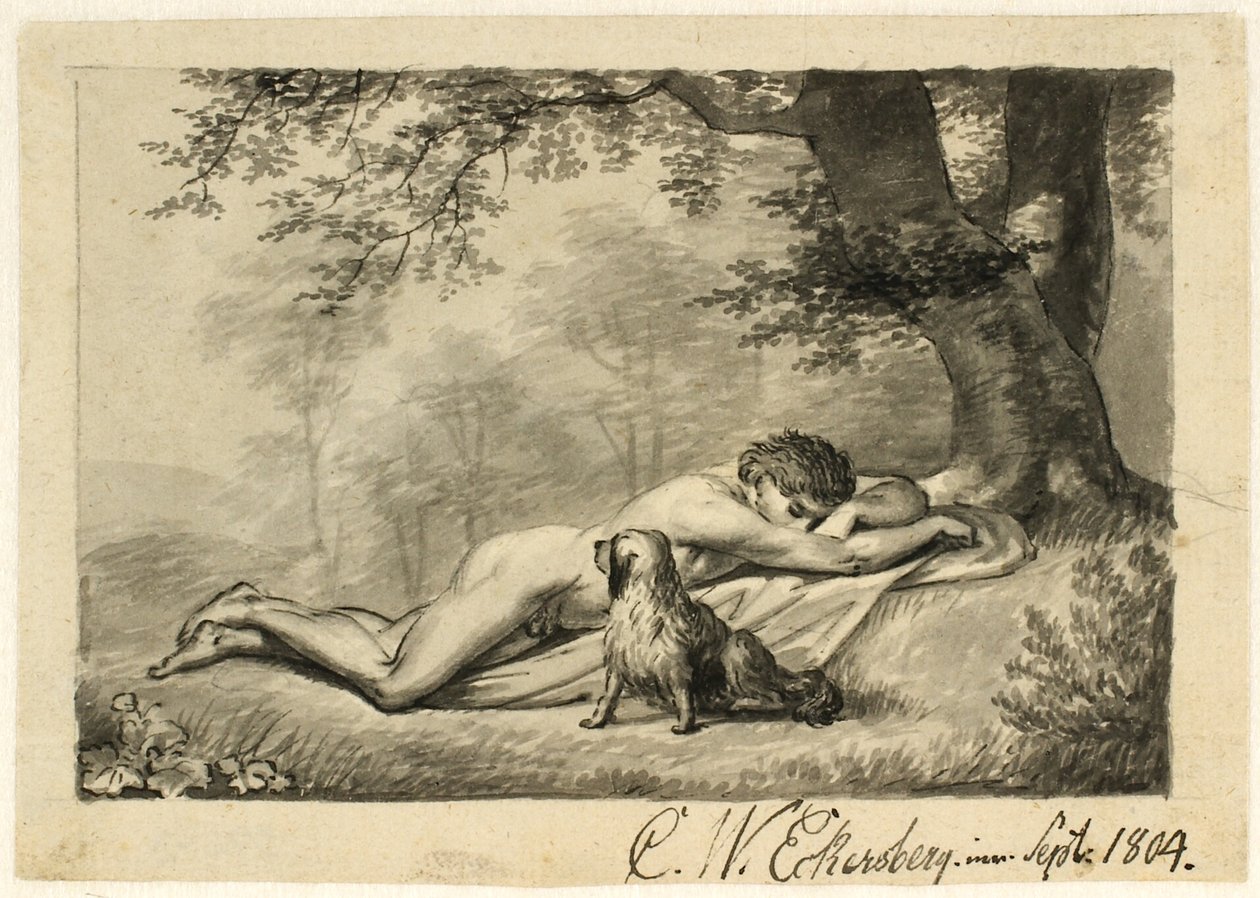 Sovende naken gutt ved en vegg av Christoffer Wilhelm Eckersberg