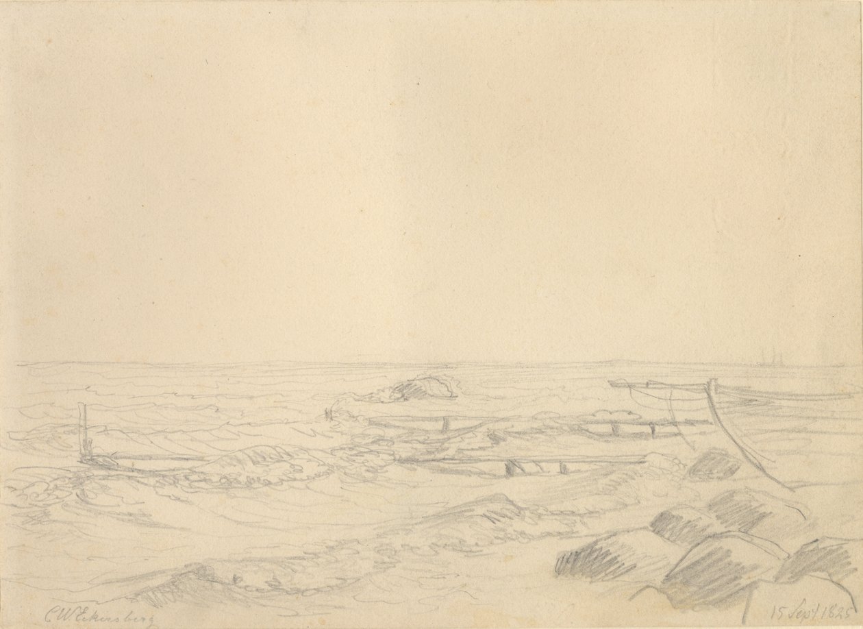 Strandområde med bølger som slår mot steiner og en brygge. av Christoffer Wilhelm Eckersberg