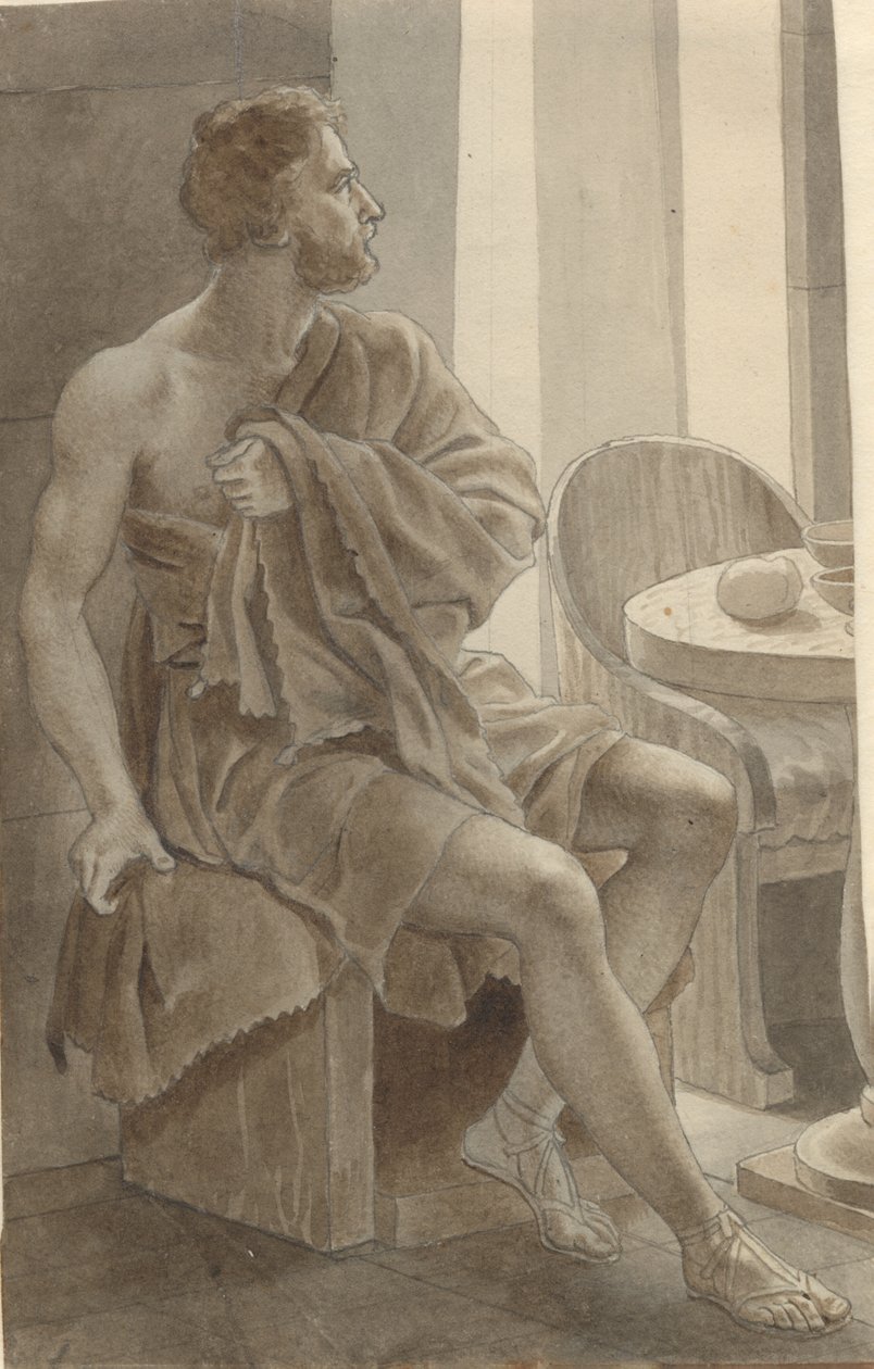Telemachos møter Odyssevs forkledd som tigger hos gjeteren Eumaios - Odyssevs; fragment av hele komposisjonen. av Christoffer Wilhelm Eckersberg