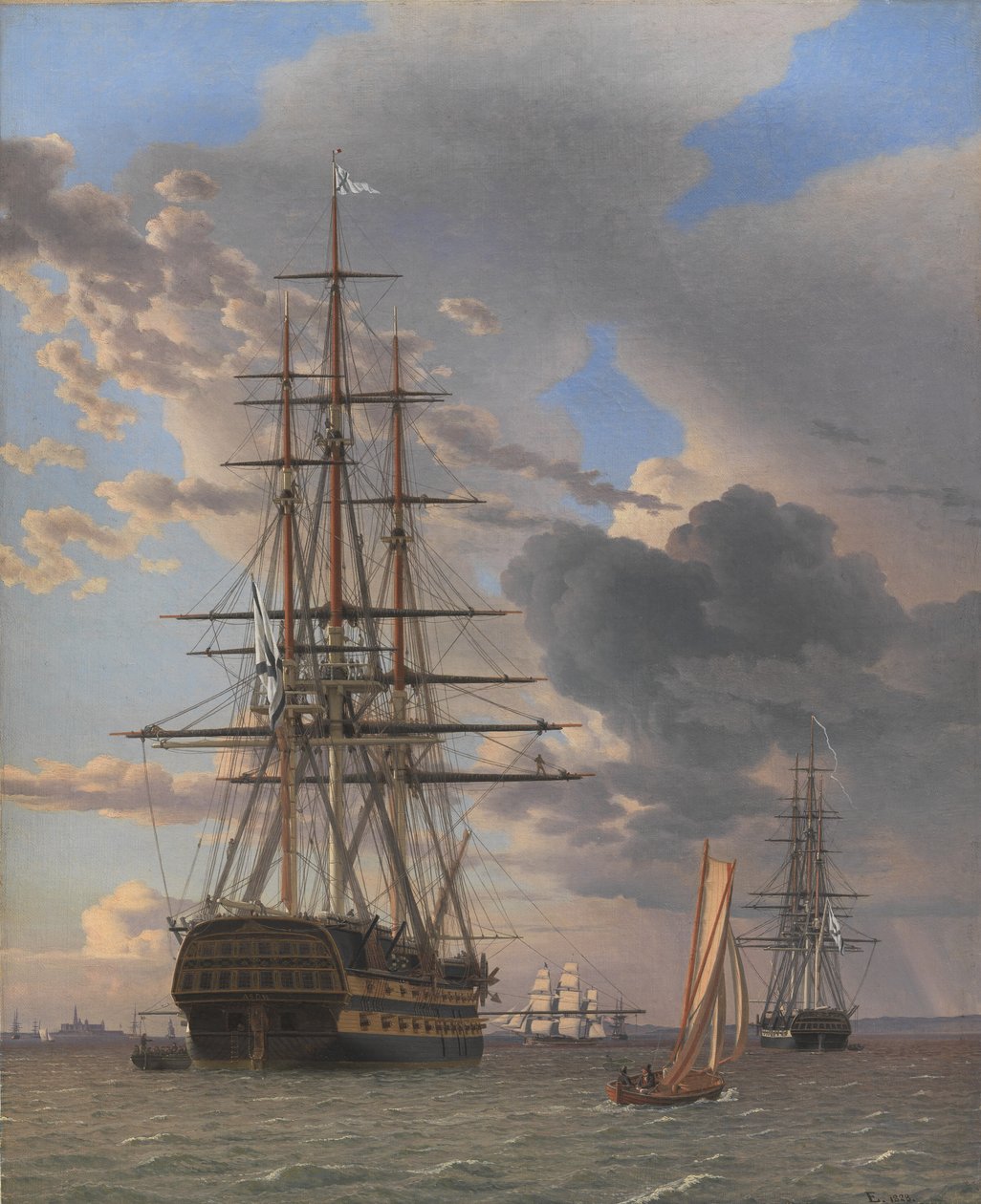 Det russiske linjeskipet "Asow" og en fregatt ved anker ved Helsingør av Christoffer Wilhelm Eckersberg