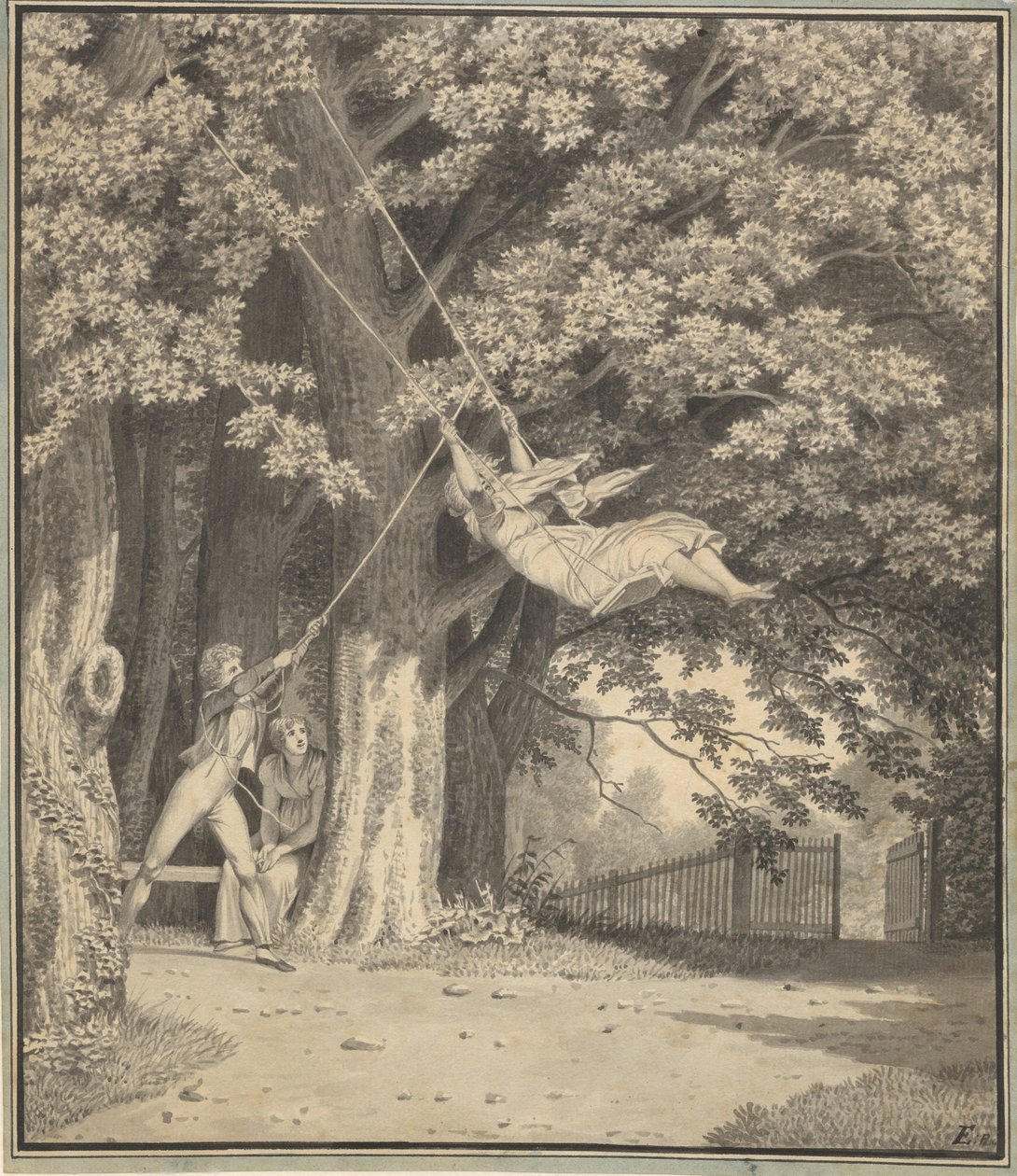 The Woodlands av Skjoldnæsholm med en ung mann som svinger en ung jente av Christoffer Wilhelm Eckersberg
