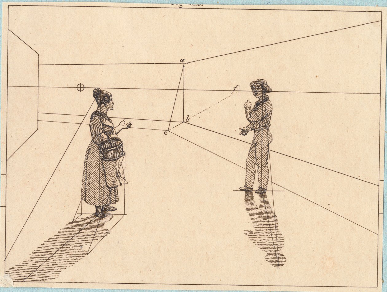 To figurer i en geometrisk konstruksjon. Illustrasjon for "Lineært perspektiv", Plate IV av Christoffer Wilhelm Eckersberg