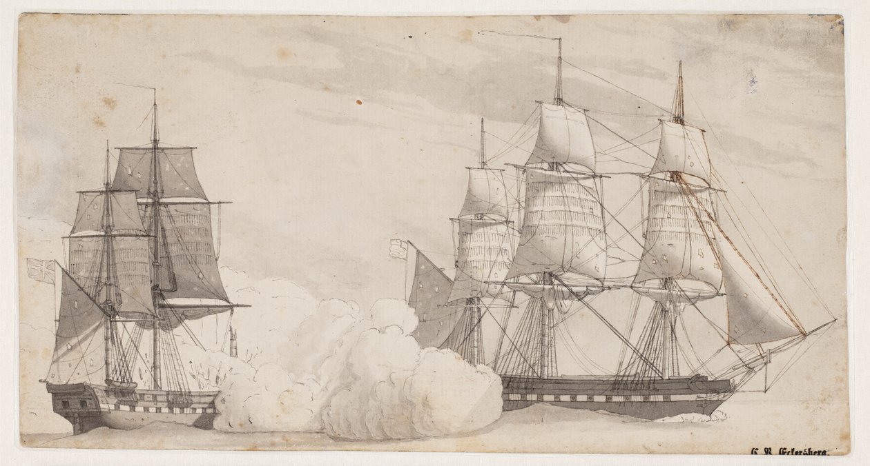 To krigsskip i kamp (den engelske fregatten Shannon og den amerikanske fregatten Chesapeak?) av Christoffer Wilhelm Eckersberg
