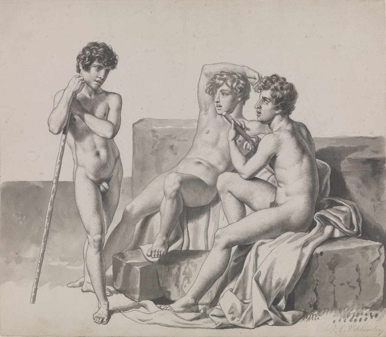 Tre unge nakne gutter som står eller sitter mellom steinblokker. av Christoffer Wilhelm Eckersberg