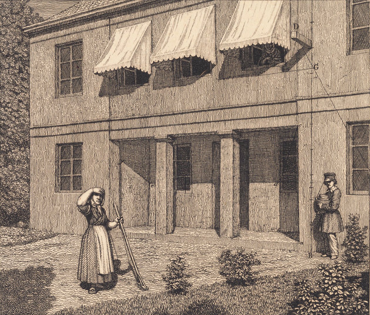 Utenfor en villa. Illustrasjon for "Lineært perspektiv", plate V av Christoffer Wilhelm Eckersberg