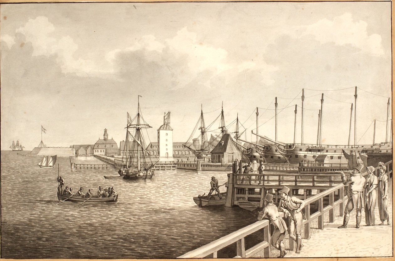 Utsikt fra Langelinie mot Nyholm, t.h. leien av flåten av Christoffer Wilhelm Eckersberg