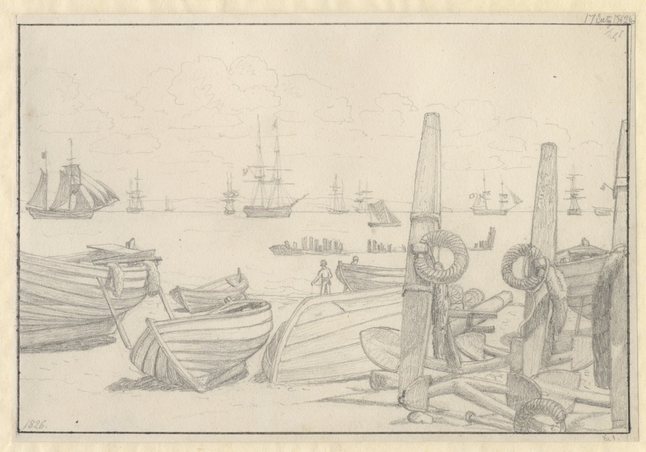 Utsikt fra stranden sør for Helsingør mot vaktskipet, briggen «Falster». av Christoffer Wilhelm Eckersberg