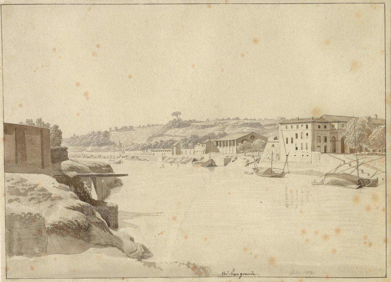 Utsikt over Tiberen mot Porto di Ripa Grande og Porta Portese sett fra bredden under Monte Aventino, Roma. av Christoffer Wilhelm Eckersberg