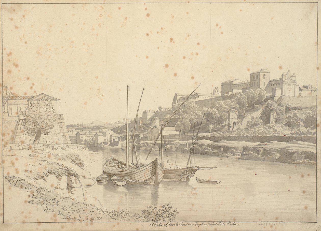 Utsikt over Tiberen ved Porto di Ripa Grande utenfor Porta Portese mot Marmorata og kirkene i Monte Aventino, Roma av Christoffer Wilhelm Eckersberg
