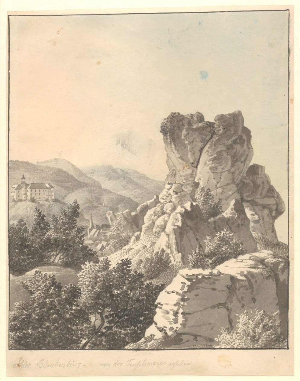 Utsikt fra Harzen, fra Teufelsmauer, Blankenburg-slottet i bakgrunnen av Christoffer Wilhelm Eckersberg