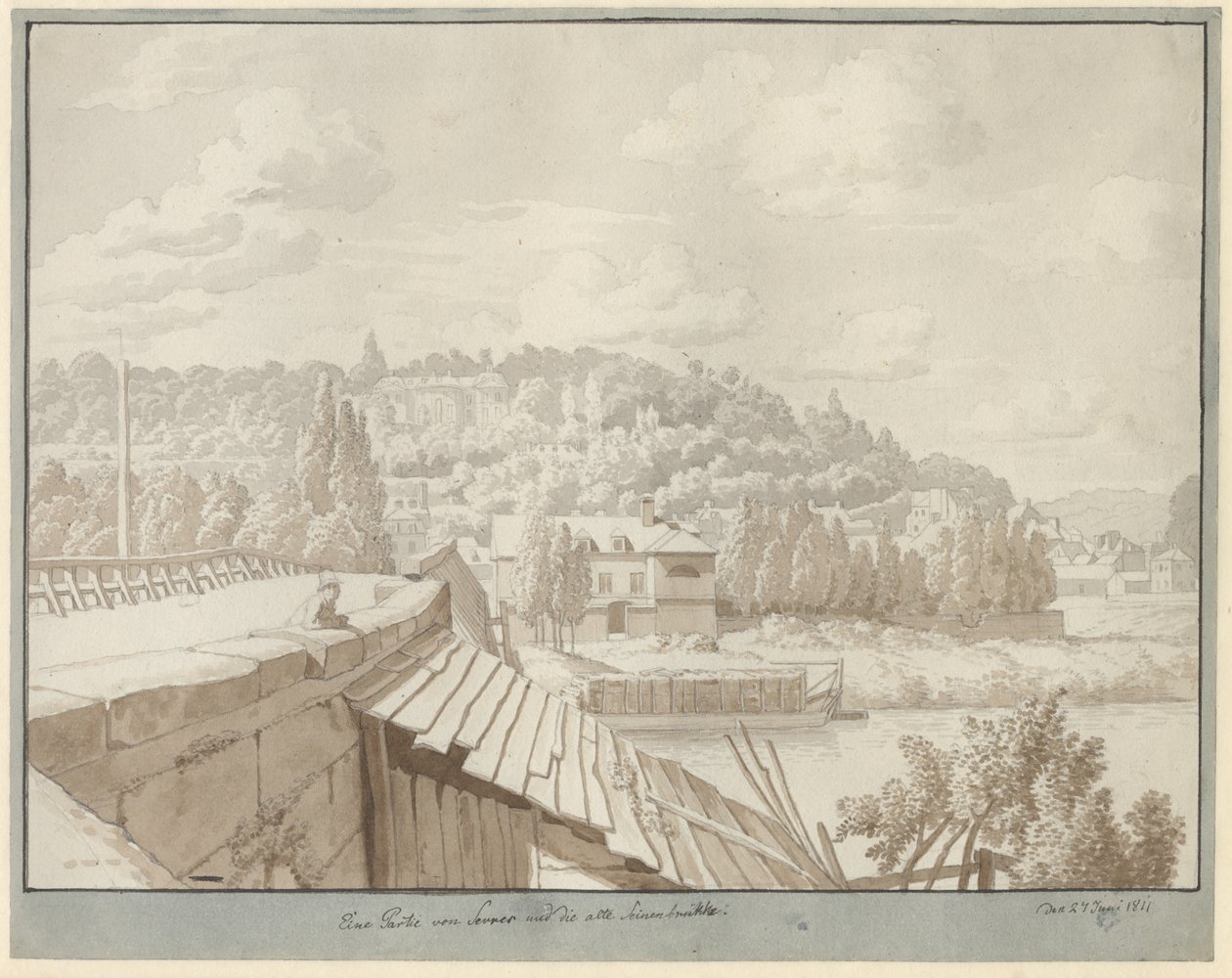 Utsikt fra Sevres over den gamle Seinebroen med parken i Saint Cloud i bakgrunnen av Christoffer Wilhelm Eckersberg