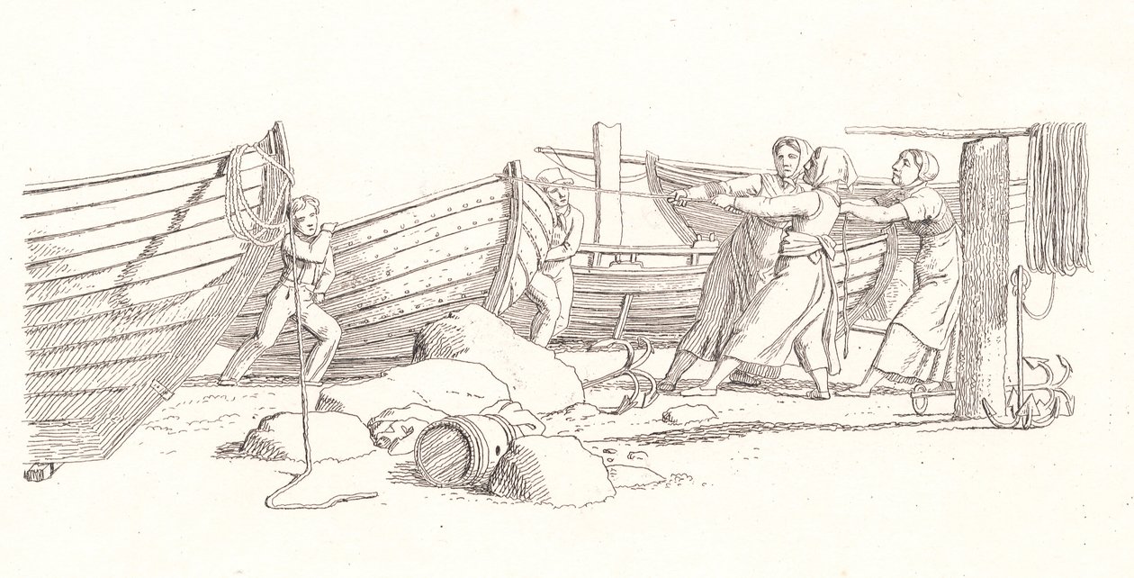 Utsikt over en fiskevær. Båter trukket i land av Christoffer Wilhelm Eckersberg