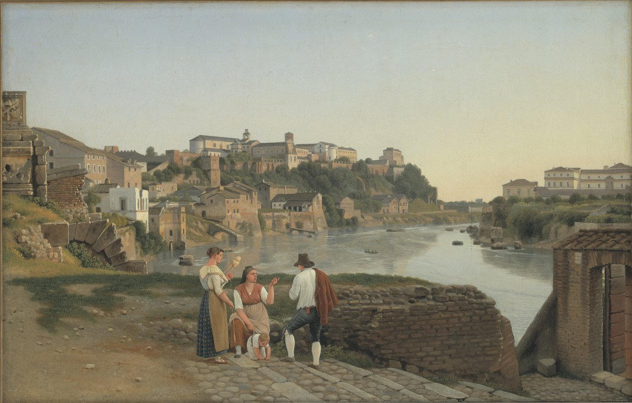 Utsikt over Tiberen mot Aventin-høyden i Roma av Christoffer Wilhelm Eckersberg