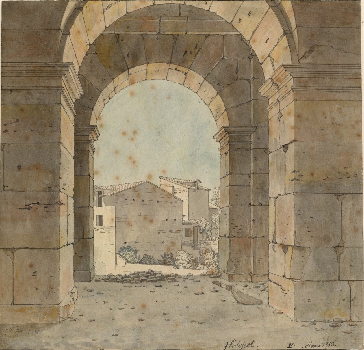 Utsikt mot nord gjennom en av buene i andre etasje i Colosseum i Roma av Christoffer Wilhelm Eckersberg