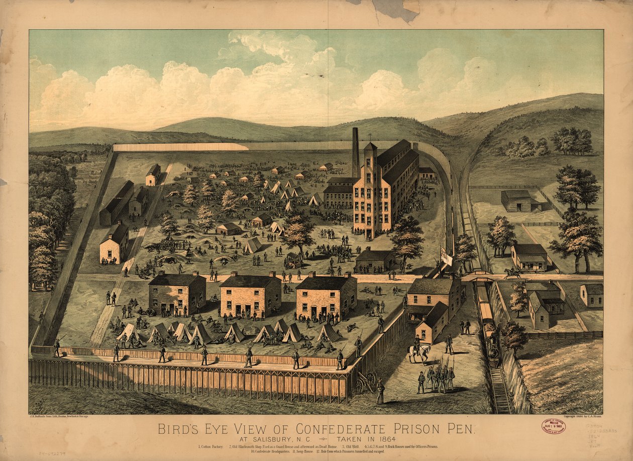 Fugleperspektiv av konfødererte fengselspenn i Salisbury, N.C., tatt i 1864 av C. A.; J.H. BuffordS Sons Lith Kraus