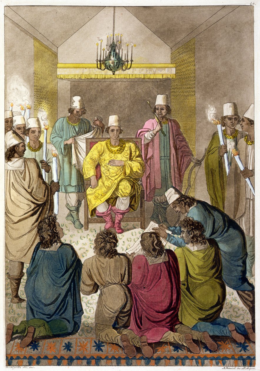 Don Alvaro, kongen av kongoleseren på sin trone, plate 42 fra 'Le Costume Ancien et Moderne' av Jules Ferrario, gravert av A. Biasioli (1790-1830) utgitt ca. 1820-30-tallet av C. Bottigella