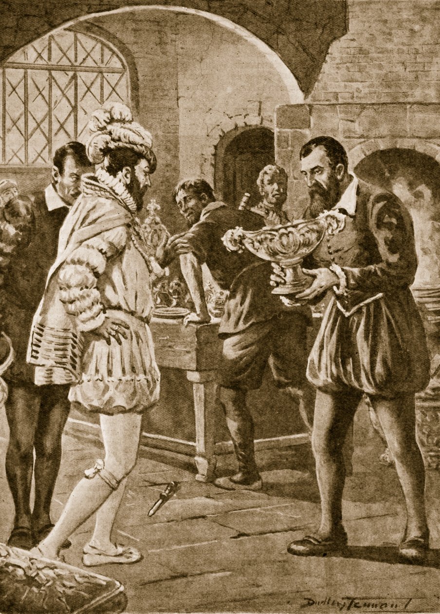 Francis I besøker Benvenuto Cellini i verkstedet hans (litho) av C. Dudley Tennant