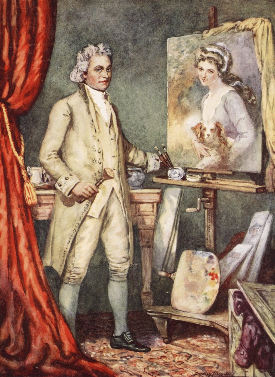 George Romney maler et portrett av Lady Hamilton (farge litho) av C. Dudley Tennant