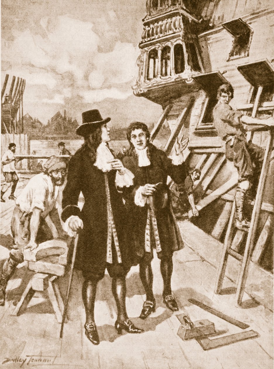 Peter den store i verftet i Deptford (litho) av C. Dudley Tennant