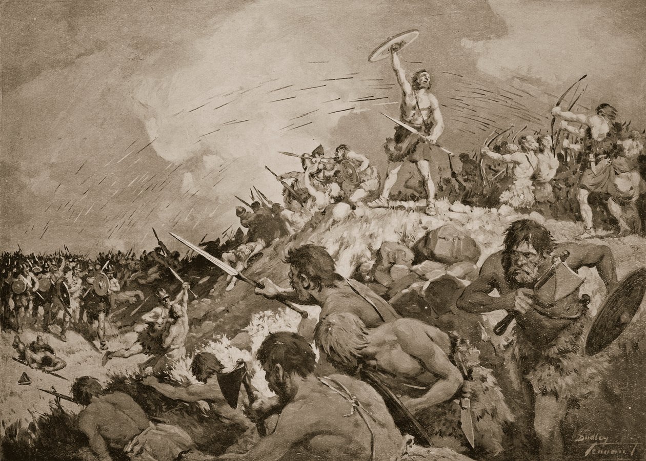 Slaget ved Mons Badonicus, ca. 500 e.Kr., illustrasjon fra 