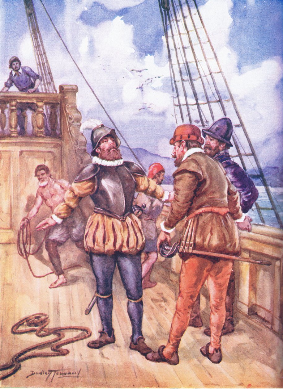 Den fryktløse sjømannen som koblet sammen to hav (farge litho) av C. Dudley Tennant