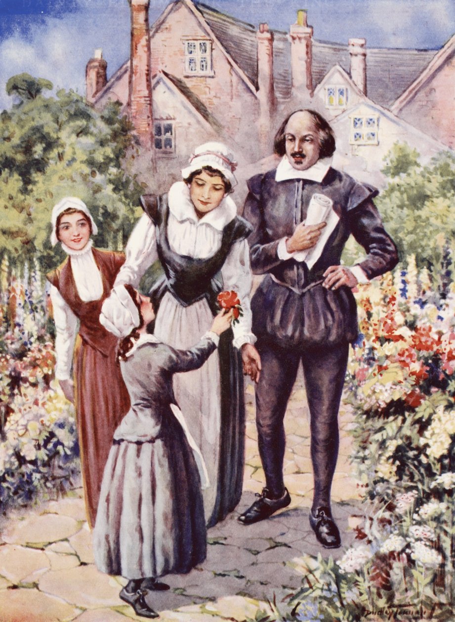 William Shakespeare, med sin kone og to døtre, i hagen på New Place, Stratford-upon-Avon (farge litho) av C. Dudley Tennant