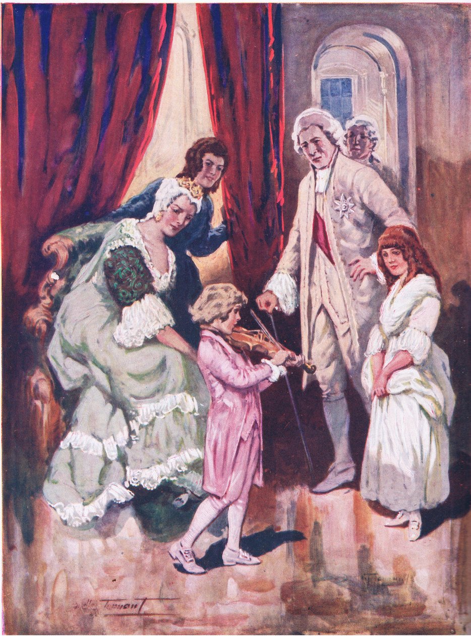Vinne hjertene til sitt kongelige publikum: Mozarts første opptreden i det østerrikske hoffet (farge litho) av C. Dudley Tennant
